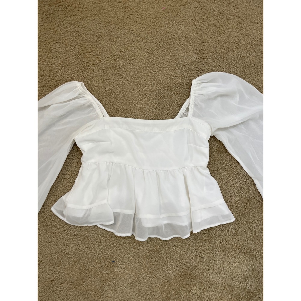 Y2K Abercrombie Fitch White Square Neck Smocked Peplum Sheer Sleeve Top Women - Picture 3 of 8